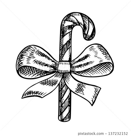 Christmas candy cane decorated with a red bow. Black and white graphics, handmade vector illustration. Isolate. Element of your design. For Christmas cards, posters, banners, packaging, and more. Christmas candy cane decorated with a red bow. Black and white graphics, handmade vector illustration. Isolate. Element of your design. For Christmas cards, posters, banners, packaging, and more. 137232152