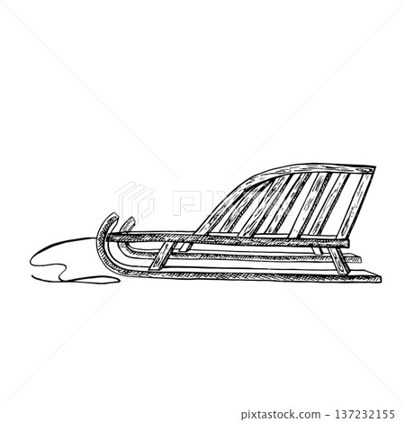 Vintage wooden sled. Black and white graphics, handmade vector illustration. Winter activities for children. Isolate. Element of your design. For postcards, posters, banners, packaging, and more. Vintage wooden sled. Black and white graphics, handmade vector illustration. Winter activities for children. Isolate. Element of your design. For postcards, posters, banners, packaging, and more. 137232155