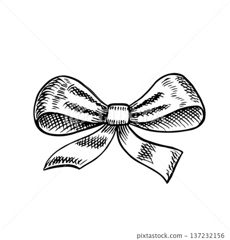 Ribbon bow. Black and white graphics, handmade vector illustration. Isolate. Element of your design. Perfect for postcards, posters, banners, packaging, and more. Ribbon bow. Black and white graphics, handmade vector illustration. Isolate. Element of your design. Perfect for postcards, posters, banners, packaging, and more. 137232156