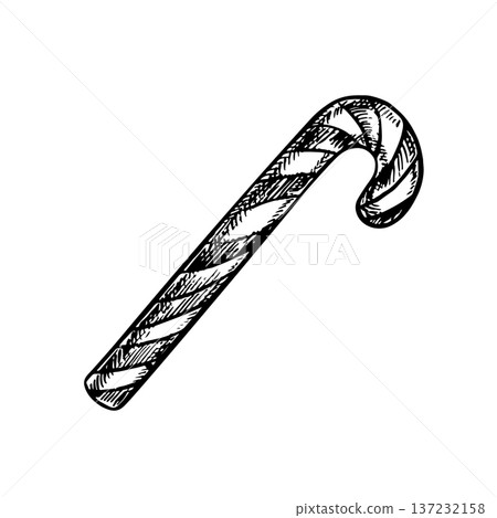 Christmas candy cane. Black and white graphics, handmade vector illustration. Isolate. Element of your design. Perfect for postcards, posters, banners, packaging, and more. Christmas candy cane. Black and white graphics, handmade vector illustration. Isolate. Element of your design. Perfect for postcards, posters, banners, packaging, and more. 137232158