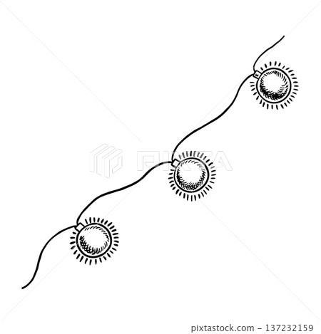 Garland for a Christmas tree. Black and white graphics, handmade vector illustration. Decorative ornamentation of round bulbs. Isolate. For postcards, posters, banners, packaging, and more. Garland for a Christmas tree. Black and white graphics, handmade vector illustration. Decorative ornamentation of round bulbs. Isolate. For postcards, posters, banners, packaging, and more. 137232159