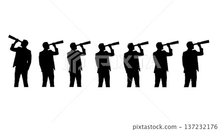 Black Solid Analyst Silhouettes Holding Telescope Set of Six on White Background Black Solid Analyst Silhouettes Holding Telescope Set of Six on White Background 137232176