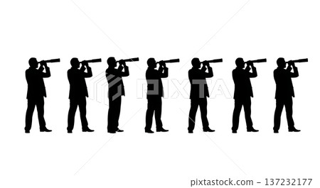 Black Solid Analyst Silhouettes Holding Telescope Set of Six on White Background Black Solid Analyst Silhouettes Holding Telescope Set of Six on White Background 137232177
