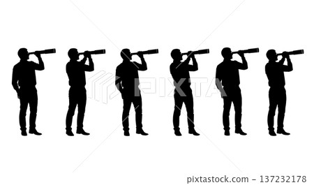 Black Solid Analyst Silhouettes Holding Telescope Set of Six on White Background Black Solid Analyst Silhouettes Holding Telescope Set of Six on White Background 137232178