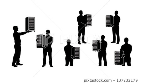 Black Solid Analyst Silhouettes Holding Server Racks Set of Six on White Background Black Solid Analyst Silhouettes Holding Server Racks Set of Six on White Background 137232179