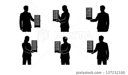 Black Solid Analyst Silhouettes Holding Server Racks Set of Six on White Background Black Solid Analyst Silhouettes Holding Server Racks Set of Six on White Background 137232180