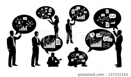 Black Solid Analyst Silhouettes Holding Speech Bubbles Set of Six on White Background 137232183
