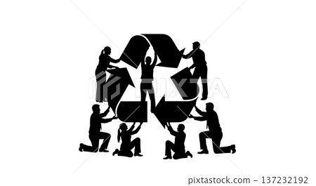 Black Solid Analyst Silhouettes Holding Recycling Symbol Set of Six on White Background Black Solid Analyst Silhouettes Holding Recycling Symbol Set of Six on White Background 137232192