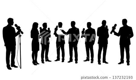 Black Solid Analyst Silhouettes Holding Reporter Microphone Set of Six on White Background 137232193