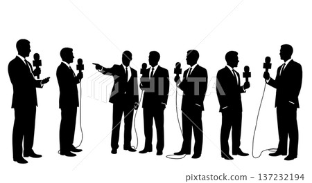 Black Solid Analyst Silhouettes Holding Reporter Microphone Set of Six on White Background 137232194