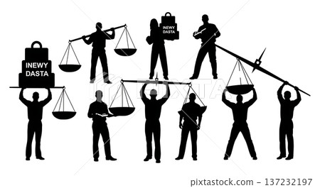 Black Solid Analyst Silhouettes Holding Scale Weight Set of Six on White Background 137232197