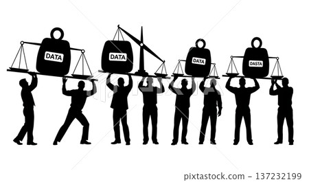 Black Solid Analyst Silhouettes Holding Scale Weight Set of Six on White Background Black Solid Analyst Silhouettes Holding Scale Weight Set of Six on White Background 137232199