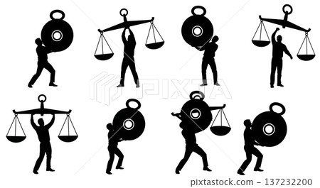 Black Solid Analyst Silhouettes Holding Scale Weight Set of Six on White Background 137232200