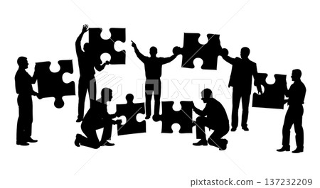 Black Solid Analyst Silhouettes Holding Puzzle Piece Set of Six on White Background Black Solid Analyst Silhouettes Holding Puzzle Piece Set of Six on White Background 137232209