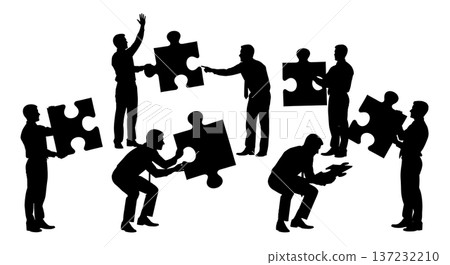 Black Solid Analyst Silhouettes Holding Puzzle Piece Set of Six on White Background Black Solid Analyst Silhouettes Holding Puzzle Piece Set of Six on White Background 137232210