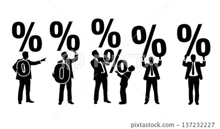 Black Solid Analyst Silhouettes Holding Percentage Signs Set of Six on White Background Black Solid Analyst Silhouettes Holding Percentage Signs Set of Six on White Background 137232227