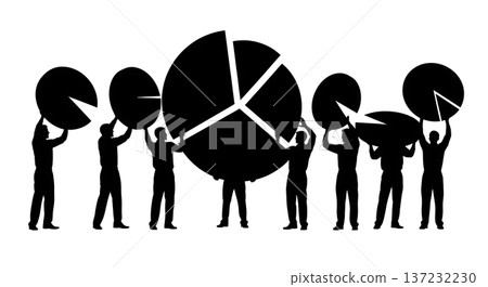 Black Solid Analyst Silhouettes Holding Pie Charts Set of Six on White Background Black Solid Analyst Silhouettes Holding Pie Charts Set of Six on White Background 137232230
