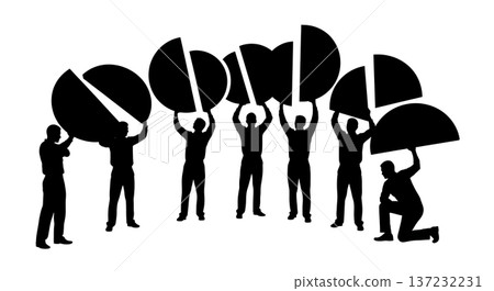 Black Solid Analyst Silhouettes Holding Pie Charts Set of Six on White Background Black Solid Analyst Silhouettes Holding Pie Charts Set of Six on White Background 137232231