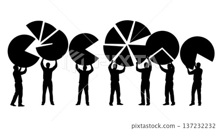 Black Solid Analyst Silhouettes Holding Pie Charts Set of Six on White Background 137232232