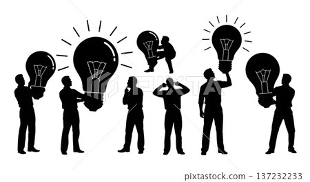 Black Solid Analyst Silhouettes Holding Lightbulb Set of Six on White Background 137232233