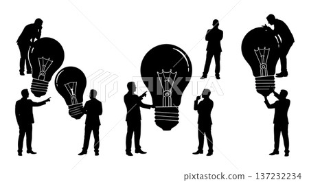 Black Solid Analyst Silhouettes Holding Lightbulb Set of Six on White Background Black Solid Analyst Silhouettes Holding Lightbulb Set of Six on White Background 137232234