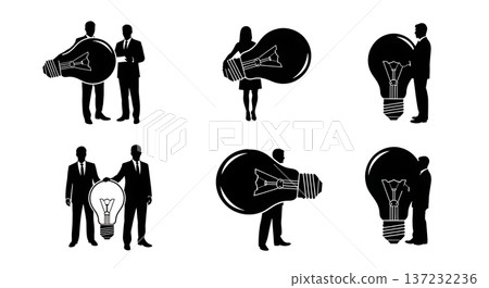 Black Solid Analyst Silhouettes Holding Lightbulb Set of Six on White Background Black Solid Analyst Silhouettes Holding Lightbulb Set of Six on White Background 137232236