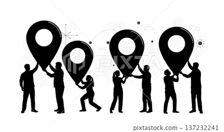 Black Solid Analyst Silhouettes Holding Location Pin Set of Six on White Background Black Solid Analyst Silhouettes Holding Location Pin Set of Six on White Background 137232241