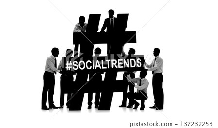 Black Solid Analyst Silhouettes Holding Hashtag Set of Six on White Background Black Solid Analyst Silhouettes Holding Hashtag Set of Six on White Background 137232253