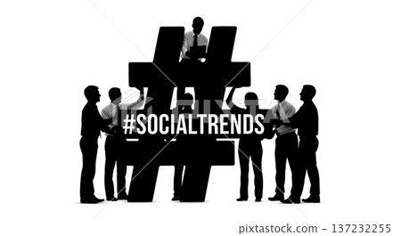 Black Solid Analyst Silhouettes Holding Hashtag Set of Six on White Background 137232255