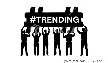 Black Solid Analyst Silhouettes Holding Hashtag Set of Six on White Background 137232259