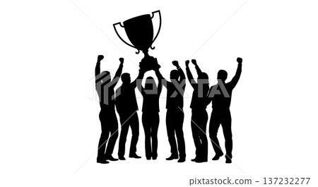 Black Solid Analyst Silhouettes Holding Giant Trophy Cup Set of Six on White Background 137232277