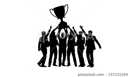 Black Solid Analyst Silhouettes Holding Giant Trophy Cup Set of Six on White Background 137232284