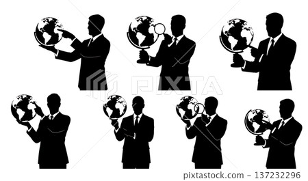 Black Solid Analyst Silhouettes Holding Globe Market Set of Six on White Background 137232296