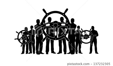 Black Solid Analyst Silhouettes Holding Giant Steering Wheel Set of Six on White Background 137232305