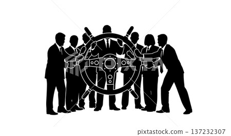 Black Solid Analyst Silhouettes Holding Giant Steering Wheel Set of Six on White Background Black Solid Analyst Silhouettes Holding Giant Steering Wheel Set of Six on White Background 137232307