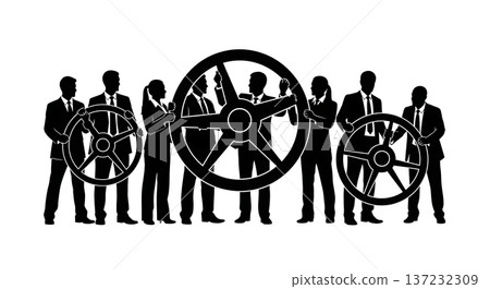 Black Solid Analyst Silhouettes Holding Giant Steering Wheel Set of Six on White Background Black Solid Analyst Silhouettes Holding Giant Steering Wheel Set of Six on White Background 137232309