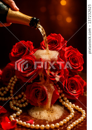 Title: Champagne poured into a bouquet of crimson roses and a pearl necklace 137232625