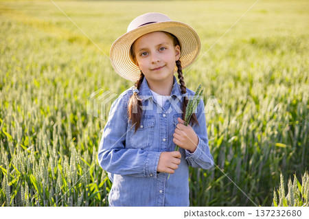A young girl wearing a straw hat and denim shirt stands in a lush green wheat field holding a few stalks of wheat 137232680