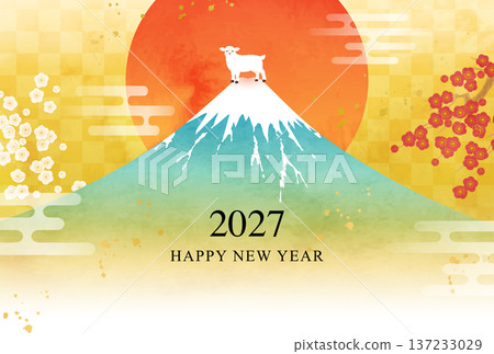 Vector illustration template for 2027 New Year's card with watercolor Mt. Fuji, sheep, and first sunrise (Year of the Sheep, Sheep, Sheep) 137233029
