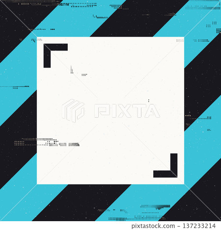 Fluorescent blue and black diagonal striped rough texture background with white square frame have ink stains from risograph defect printing Fluorescent blue and black diagonal striped rough texture background with white square frame have ink stains from risograph defect printing 137233214