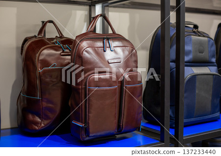 Business casual brown backpack. Leather backpack at luggage store. Buying classic rucksack to pair with serious look. Accessory for business people. Comfortable classic backpack Business casual brown backpack. Leather backpack at luggage store. Buying classic rucksack to pair with serious look. Accessory for business people. Comfortable classic backpack 137233440