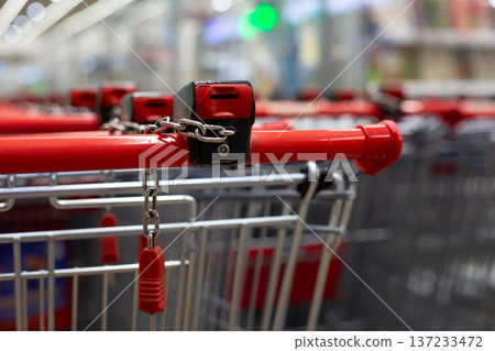 Concept art of failed supermarket theft. Cart is chained and locked to another cart. Grocery theft news. Preventing supermarket theft with cart security locks. Safe environment in grocery store Concept art of failed supermarket theft. Cart is chained and locked to another cart. Grocery theft news. Preventing supermarket theft with cart security locks. Safe environment in grocery store 137233472