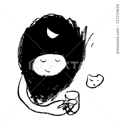 一幅單色線條畫，描繪了一個男人在彎月下，旁邊一隻貓在睡覺，他正在喝酒，這幅畫是用鋼筆手繪的。 137233628