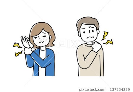 插圖:一位手腕疼痛的女士和一位肩膀僵硬的男士 插圖:一位手腕疼痛的女士和一位肩膀僵硬的男士 137234259