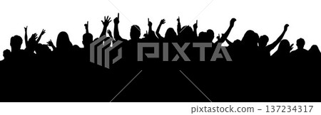 Loud crowd at concert, joyful fans in audience, group of people cheering 137234317