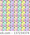 Seamless Vertical Floral Pattern with Pastel Rainbow Stripes and Pink Blooms 137234374