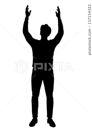 Man with raised arm, silhouette hand in air Man with raised arm, silhouette hand in air 137234383