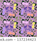 Seamless Peafowl and Floral Pattern with Purple Background and Elegant Botanical Wreaths 137234423