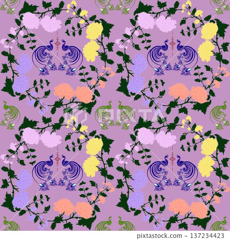Seamless Peafowl and Floral Pattern with Purple Background and Elegant Botanical Wreaths 137234423