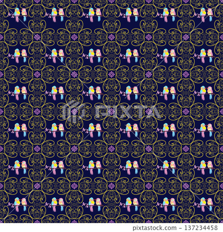 Seamless Ornamental Bird Pattern with Golden Filigree and Lovebird Pairs on Navy Blue Seamless Ornamental Bird Pattern with Golden Filigree and Lovebird Pairs on Navy Blue 137234458
